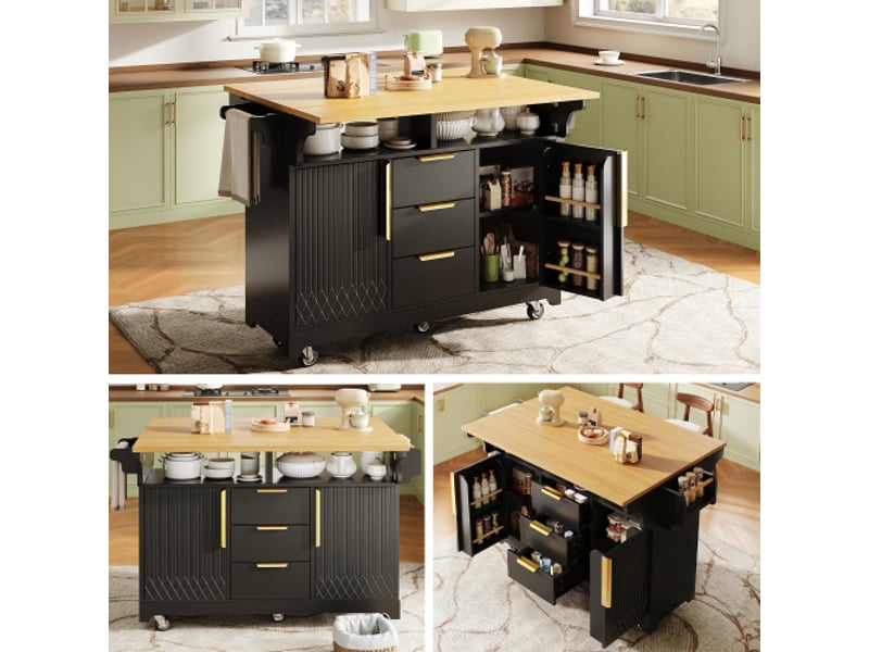  Îlot de cuisine multifonction: extension escamotable, portes à motif vertical, plateau coulissant et buffet sur roulettes  - Conforama B