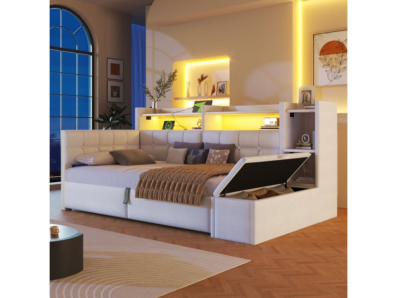  Canapé-lit 90x200 cm, lit enfant, couchage d'appoint, rangement hydraulique, led, usb et usb-c, velours blanc  - Conforama E