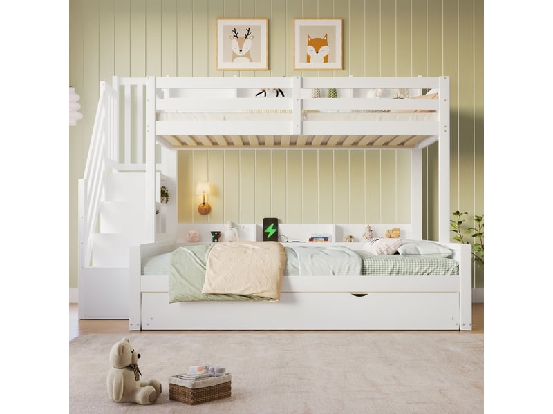 Lit superposé multifonction en bois massif, 90x200 cm + 140x200 cm, avec lit gigogne, port usb et rangements intégrés, blanc  - Conforama D