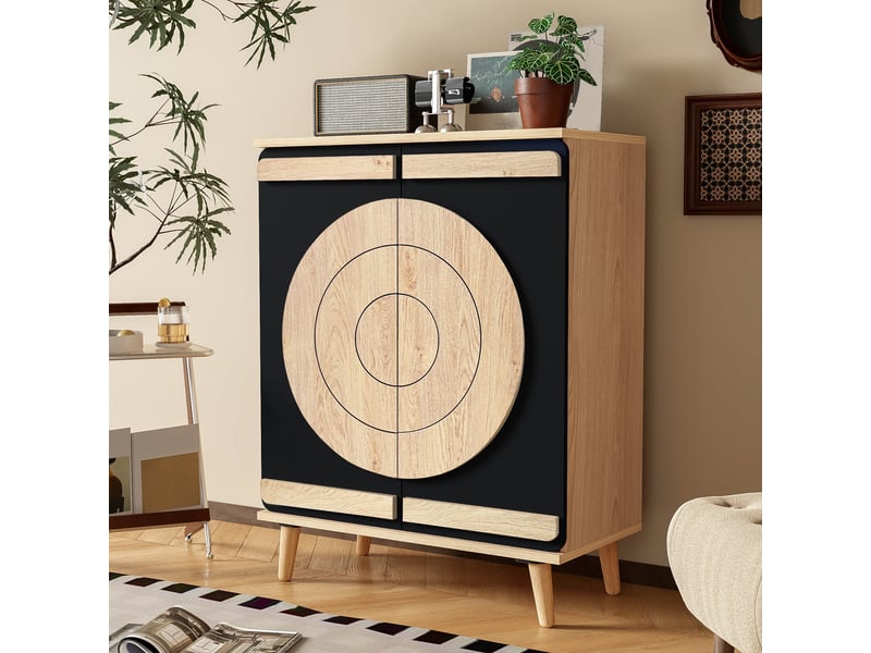  Meuble à chaussures 76x37x98.5 cm, design contemporain, portes rondes noires, rangement ordonné pour entrée ou couloir  - Conforama B