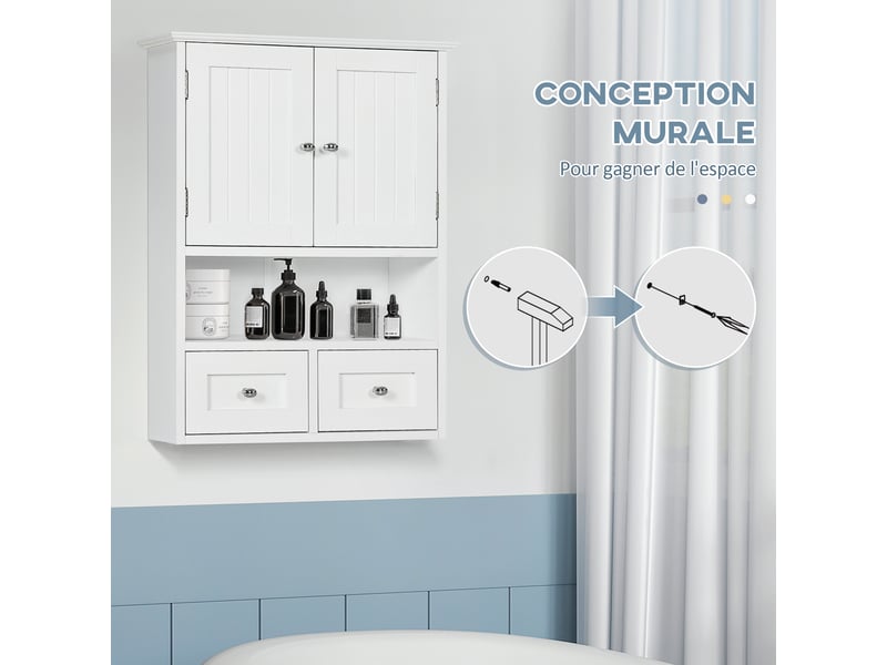  Armoire murale de salle de bain 2 portes 2 tiroirs mdf blanc 50,8 x 17,8 x 66 cm  - Conforama E