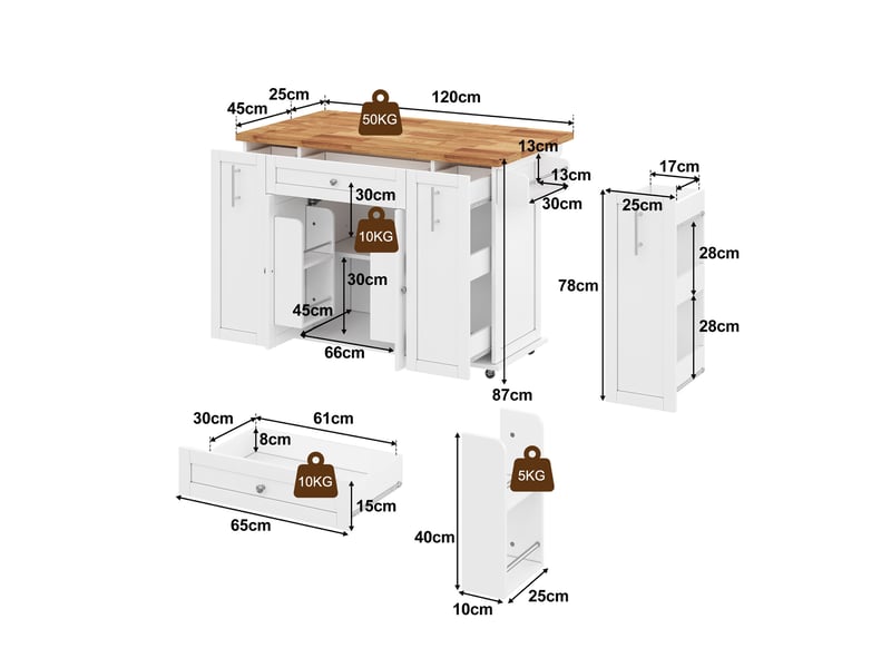  Desserte de cuisine 120 x 4570 x 87 cm, plateau rabattable, blanc et naturel  - Conforama C