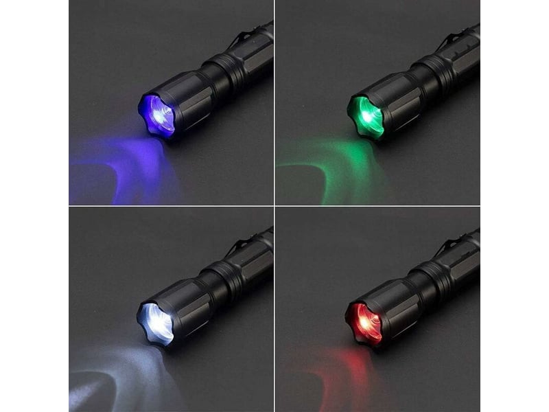  Lampe de poche tactique led avec rouge vert bleu blanc, 4 couleurs en 1 lampe torche zoomable multifonctionnelle imperméable pour vision nocturne, pêc  - Conforama C