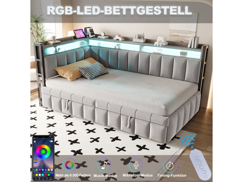  Lit banquette gigogne 90x200cm avec couchage extractible, rangements en tête et au pied, éclairage led, ports usb et type-c, velours, gris clair evarich - Conforama D