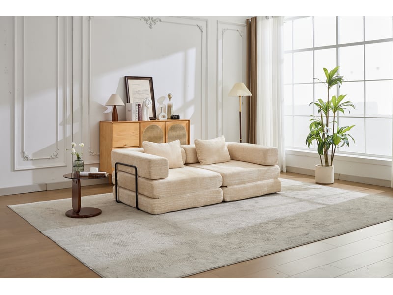  Canapé-lit compressé convertible 2 places, cadre fixe, modulable sans armature, chenille, sans montage, beige  - Conforama B