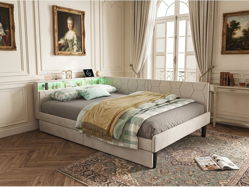  Lit banquette en velours - 140 x 200 cm - avec tiroirs, led et rangements - beige  - Conforama D