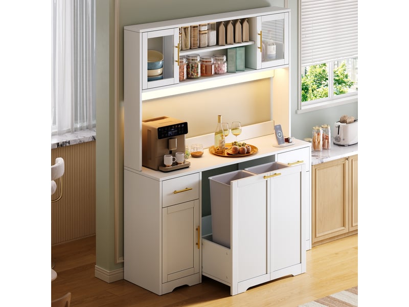  Buffet cuisine 2 tiroirs, 140 x 40 x 173 cm, double compartiment poubelle coulissant, éclairage led, prises et usb, mdf, blanc Morn Vibe - Conforama D