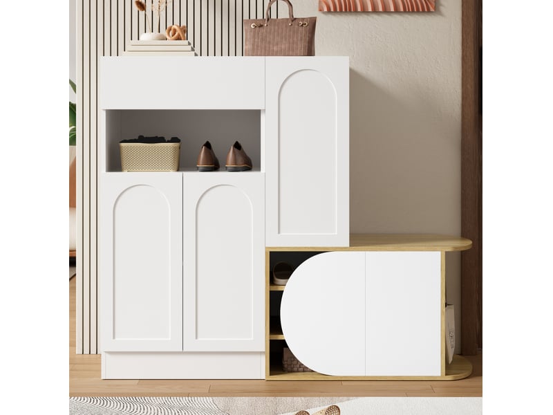  Meuble à chaussures 130x35x110,5 cm avec banc, 5 portes et tiroir blanc effet bois  - Conforama B