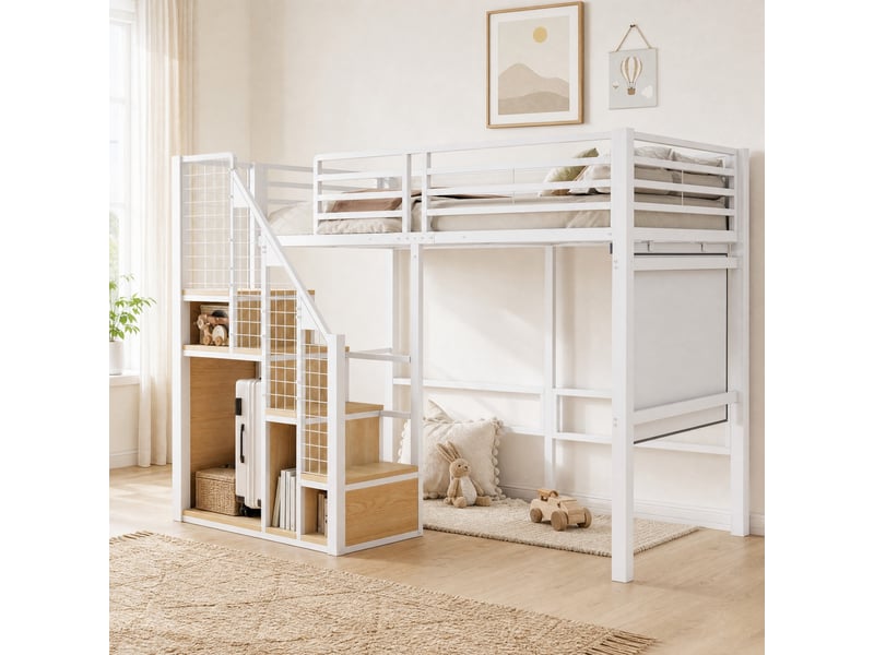  Lit mezzanine simple 90×200 cm avec rangement, penderie et barrière  - sans matelas, métal blanc  - Conforama B