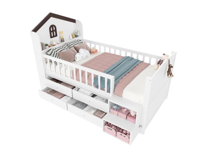  Lit cabane enfant 90x200 cm avec 4 tiroirs, éclairage led et échelle, structure blanche en bois  - Conforama A