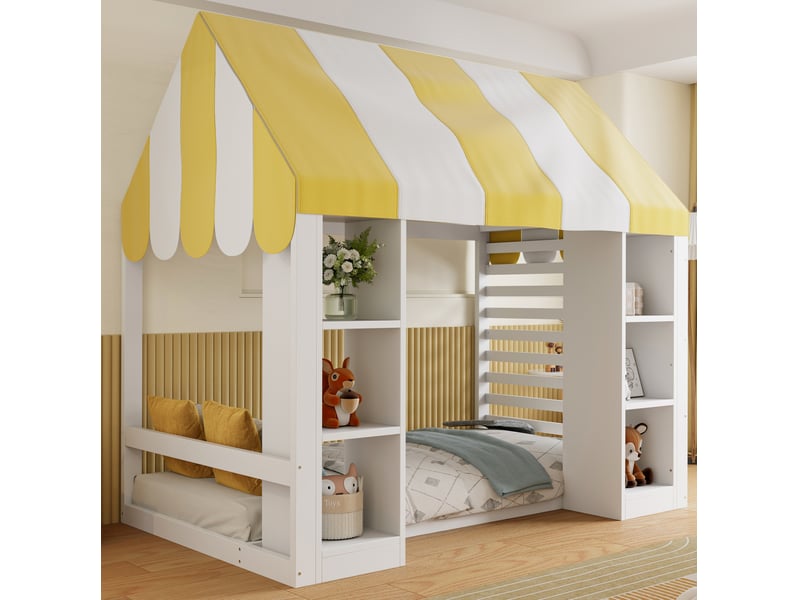  Lit cabane, 90x200 cm, sommier à lattes, toit, solutions de rangement ouverts, matelas non inclus, bois, coloris blanc  - Conforama D