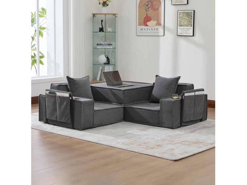 Canapé-lit 2 places modulable gris foncé en velours côtelé avec 2 coussins - Conforama D