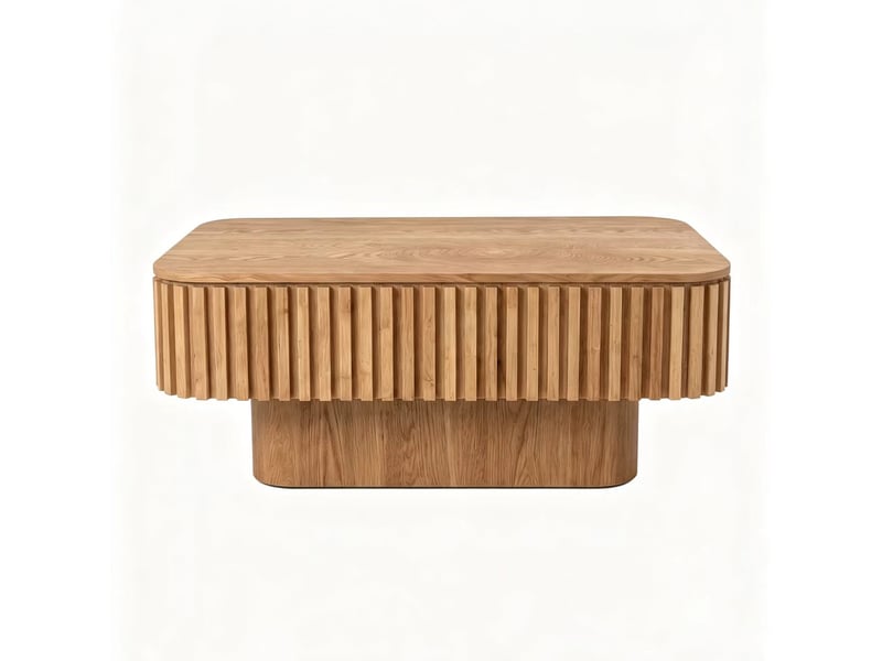  Table basse cannelée bois naturel 98 cm, placage bois massif, rangement caché  - Conforama A