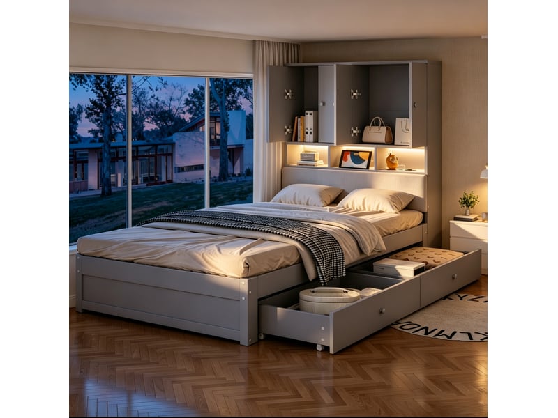  Lit simple 90 × 200 cm avec tête de lit rembourrée, led, prise, rangement et 2 tiroirs, sans matelas, gris  - Conforama C