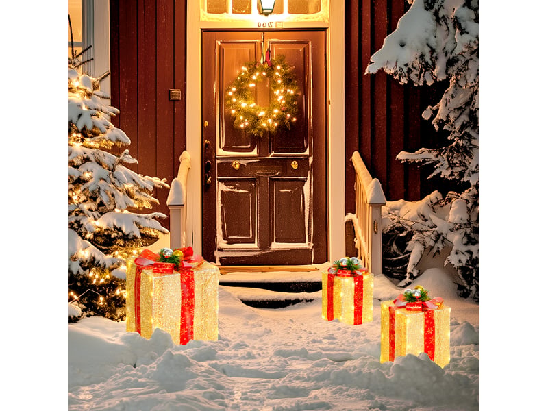  Ensemble de 3 boîtes cadeaux de noël avec 58 lumières led blanc chaud et décorations dorées pour sapin de noël.  - Conforama D