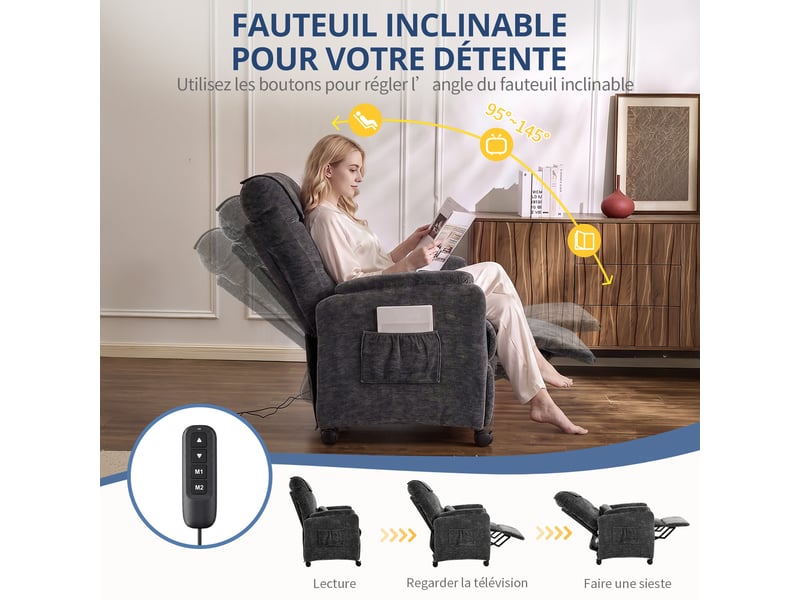  Fauteuil de massage électrique, fauteuil détente pour télévision avec fonction massage et chaleur, 4 roues, gris foncé  - Conforama D