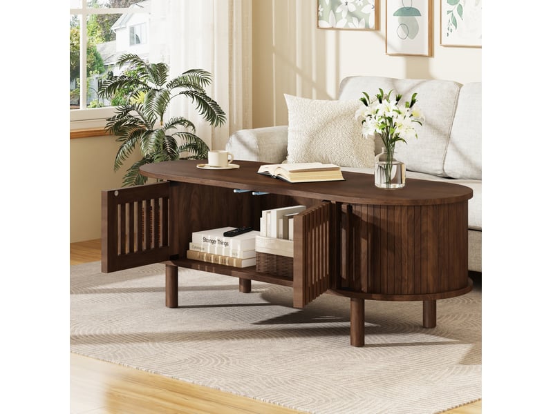  Table basse ovale 100 cm en mdf bois foncé, pieds en bois, 2 portes à lamelles et porte coulissante rétro  - Conforama B