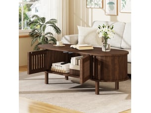 Table basse ovale 100 cm en mdf bois foncé, pieds en bois, 2 portes à lamelles et porte coulissante rétro