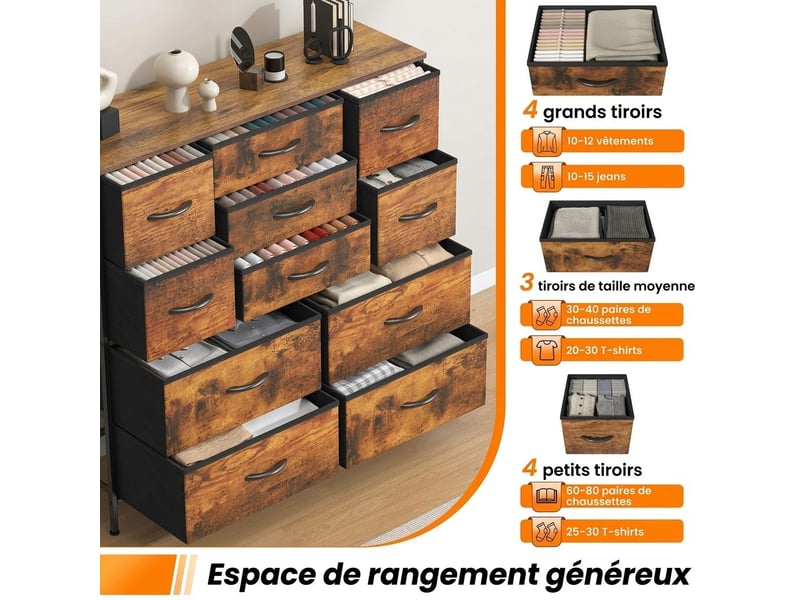  Chiffonnier meuble 100x30x97 cm onze tiroirs tissu marron rustique metal noir chambre  - Conforama D