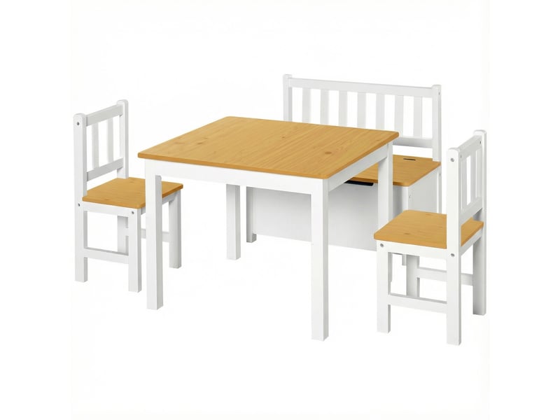  Ensemble table chaises enfant 4 pièces, table, 2 chaises + banc rangement. Dès 3 ans, chambresalle de jeux, blanc et naturel.  - Conforama A