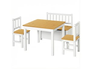 Ensemble table chaises enfant 4 pièces, table, 2 chaises + banc rangement. Dès 3 ans, chambresalle de jeux, blanc et naturel.