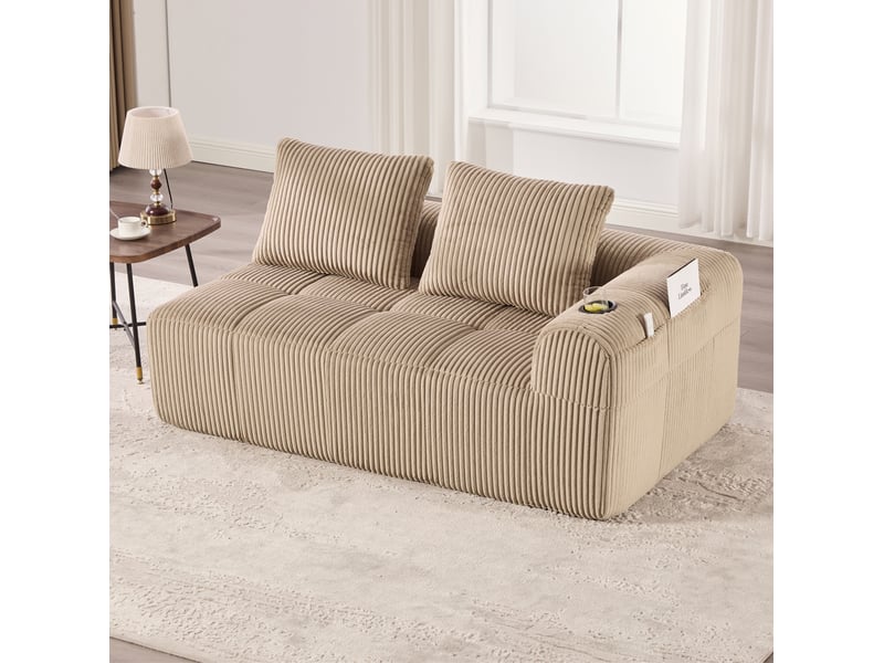  Canapé 2 places 158x93x61cm, velours côtelé kaki, mousse à haute densité et ressorts, poches latérales et porte-gobelet  - Conforama B