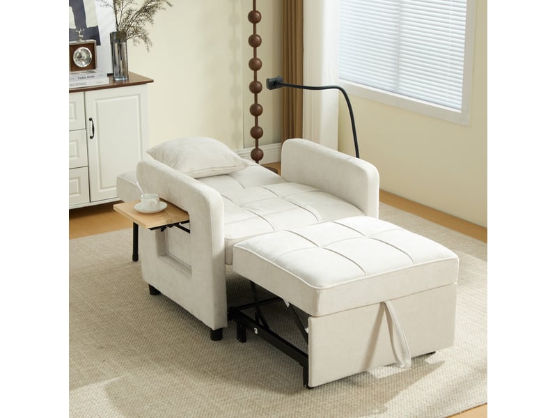  Fauteuil convertible 79x66x83 cm, meuble de salon canapé 1 place, poches latérales et coussins, revêtement chenille beige  - Conforama D