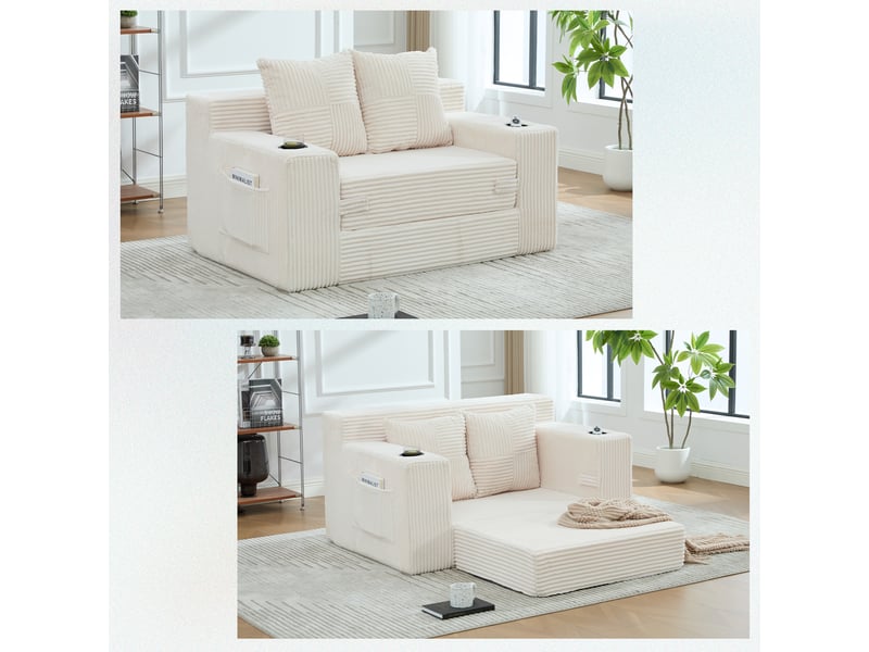  Canapé droit 2 places en velours côtelé beige avec poches latérales, 151 cm Fay Lum - Conforama B
