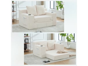 Canapé droit 2 places en velours côtelé beige avec poches latérales, 151 cm