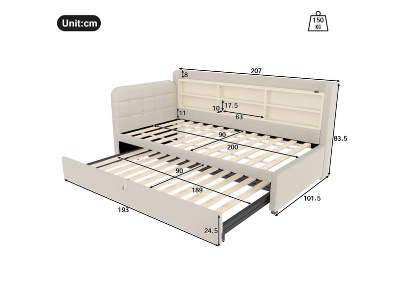  Lit banquette 90x200 en lin beige - lit gigogne extensible 180x200 avec ports usbtype c et rangements  - Conforama C