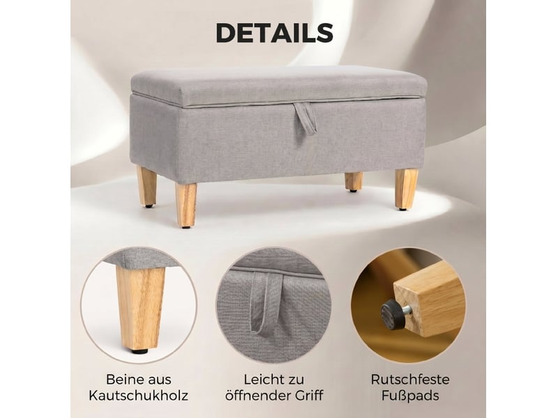  Banc coffre 71x37x36 cm, rangement intégré, pieds métal, assise douce, meuble bureau et salon, bois et lin, gris clair  - Conforama D