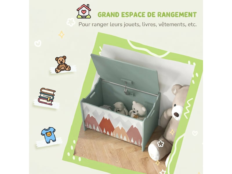  Coffre à jouet enfant coffre de rangement enfant couvercle rabattable motif de forêt coins arrondis vert 60 x 37 x 39 cm  - Conforama R