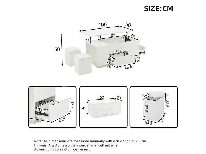  Table basse 4 en 1 (100 x 50 x 45 cm) réglable en hauteur avec éclairage led, table basse avec 2 tiroirs, table d'appoint laquée avec 2 tabourets, table de chevet avec rangement dissimulé, charge maximale 50 kg, blanche  - Conforama C