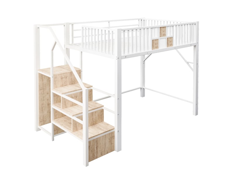 Lit mezzanine 140x200 cm – blanc – mezzanine avec armoire, tiroir et escalier de rangement – sans matelas - Conforama D
