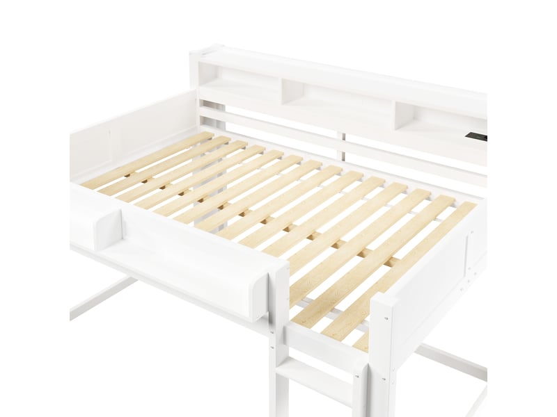  Lit mezzanine 140x200 cm avec led et étagères, lit double avec aire de jeux dous le lit et port usb, en bois blanc Bubbly - Conforama D