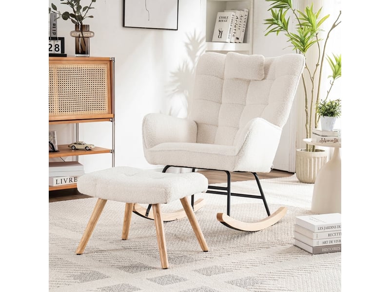  Fauteuil à bascule blanc avec repose-pieds et coussin, tissu polaire bouclette, largeur 65 cm  - Conforama C