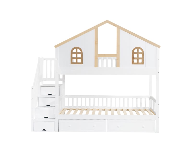  Lit superposé enfant 90x200 cm, lit cabane avec escalier de rangement, 2 tiroirs, fenêtre et barrière de sécurité, en bois de pin et mdf, blanc  - Conforama D