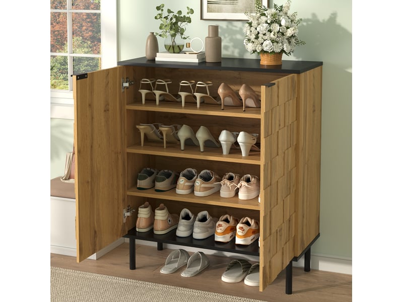  Meuble à chaussures 80x35x91,5 cm, armoire à chaussures avec portes, entrée, effet bois, aggloméré, couleur naturel  - Conforama B