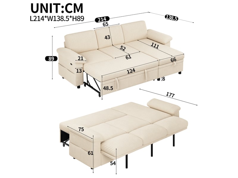  Canapé d'angle convertible 3 places avec coffre, dossier réglable, ports usb et type-c en velours côtelé beige  - Conforama C
