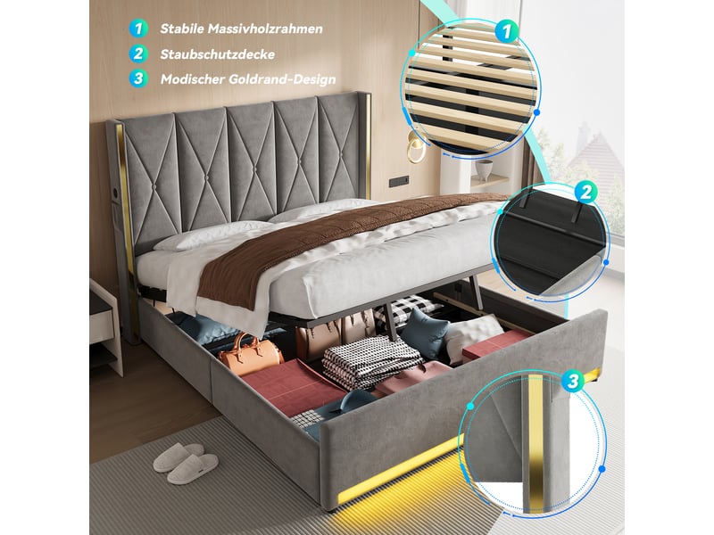  Lit coffre 180x200 cm, lit double, rangement hydraulique, led, port usb, velours gris foncé  - Conforama E