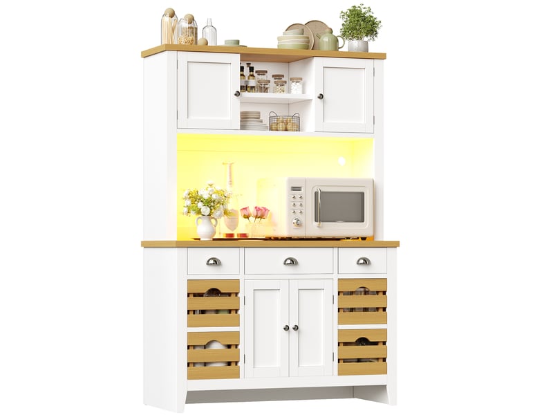  Armoire colonne led rgb 120x40x188 cm blanche, portes soft close, étagères réglables, paniers amovibles, plateau effet bois, rangement moderne  - Conforama A