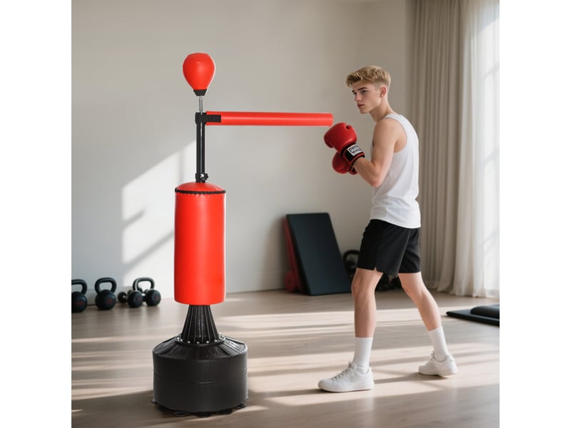 Sac de frappe réglable en hauteur avec balle de frappe et base lestable, 88 x 48 x 155-205 cm, rouge et noir  - Conforama D