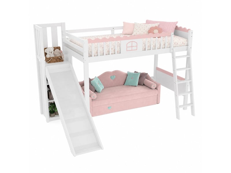  Lit mezzanine pour enfant 90x200 cm avec toboggan, led, 3 étagères et rangements, blanc  - Conforama A