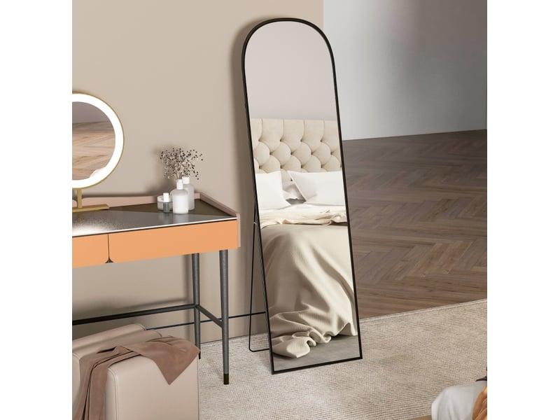 Miroir simple sur pied arqué en verre sécurisé avec cadre en aluminium noir, à poser ou fixer au mur 169 × 49 cm - Conforama C