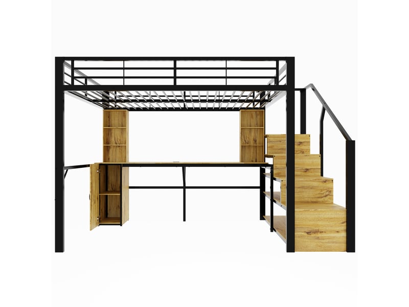  Lit mezzanine 140x200 cm en métal noir avec bureau, armoire, escalier et usb  - Conforama A