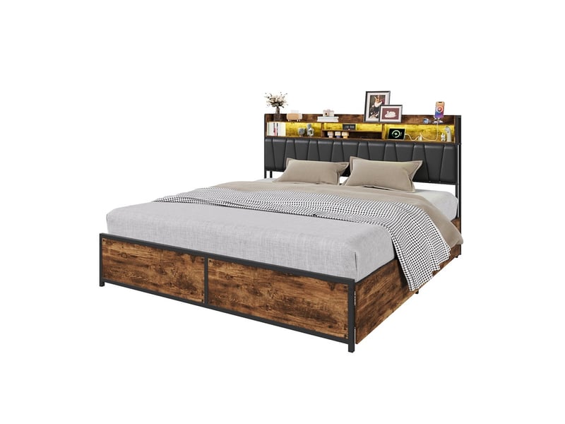  Lit 180x200cm - lit double 180x200cm - structure en métal avec 4 tiroirs, tête de lit à led et prises usb - noir et marron  - Conforama A