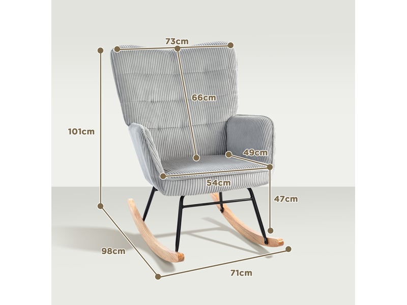  Fauteuil à bascule relax avec dossier haut capitonné, accoudoirs et patins en hêtre, en polyester gris clair  - Conforama D