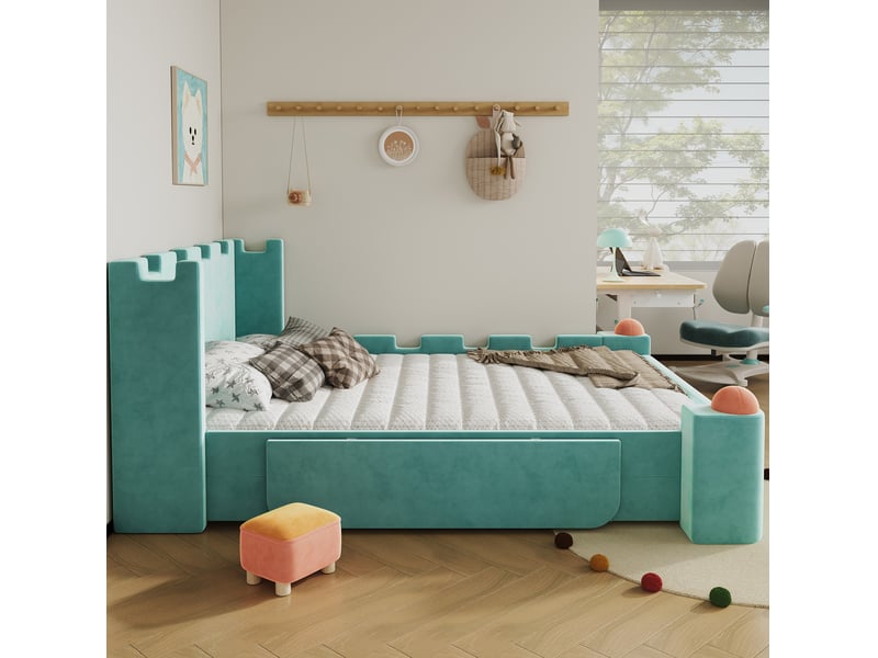 Lit enfant château 140x200 cm, tiroir, tablette rabattable, sommier, bleu-vert - Conforama D