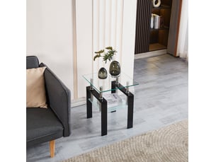 Lot de 2 tables d'appoint carrées 45 x 45 x 52 cm – transparent et noir – double plateau en verre trempé