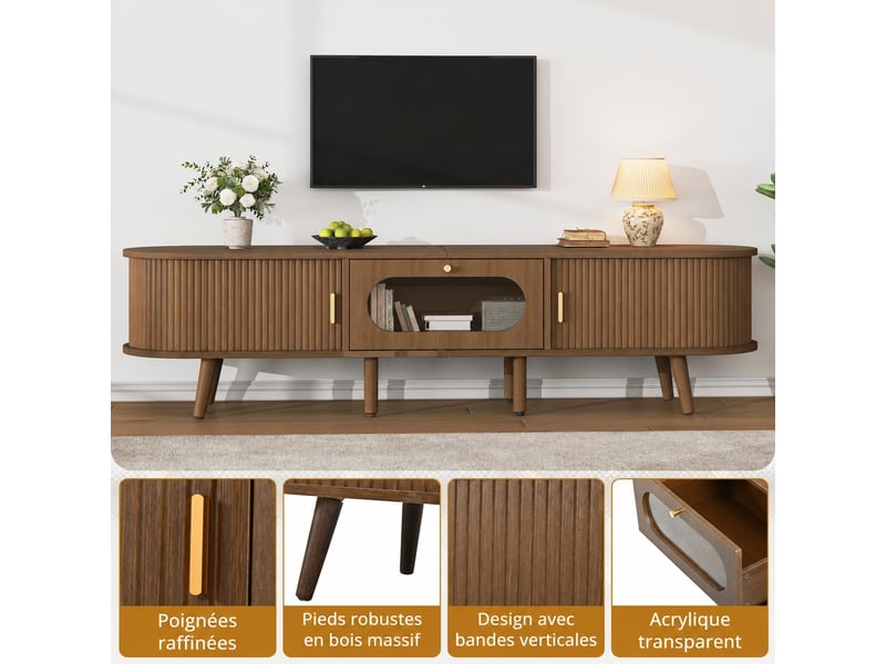  Meuble tv pour téléviseur 70 pouces, mdf couleur noyer, 2 portes à rideau et 1 tiroir, 170 x 40 x 43 cm  - Conforama D